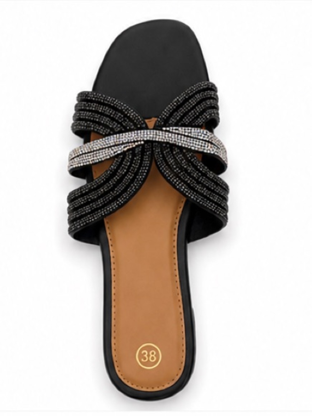Women’s Rhinestone Slide Sandals – Black Flat Slip-On Shoes